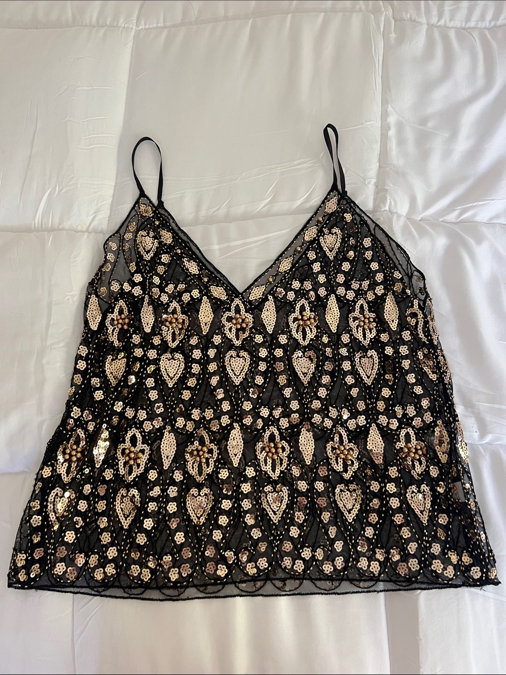 Black Gold Sequin Embellished V-Neck Cami Top